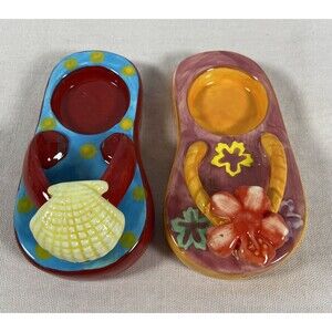 New Two Porcelain Tea Light Candle Holders Flip Flop Shape Nantucket Home